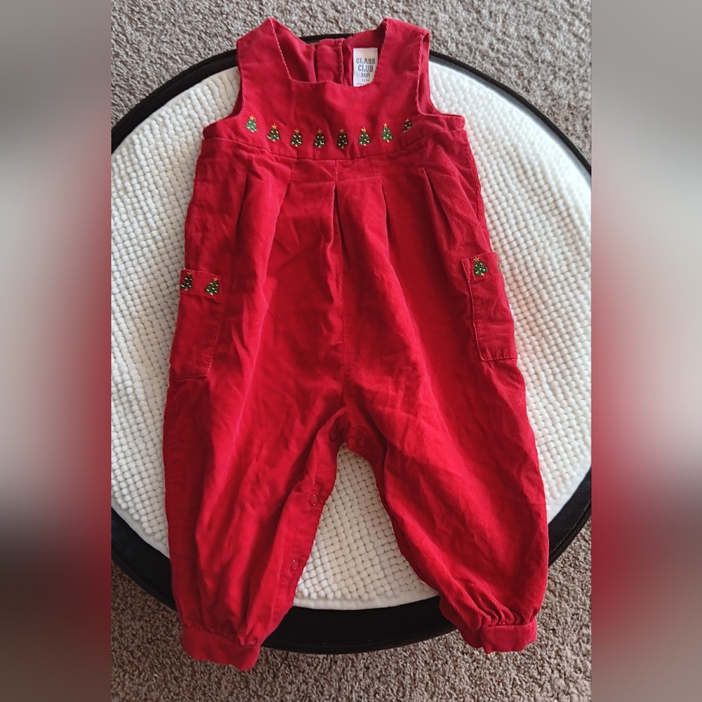 Vintage 90's Class Club Red Corduroy Romper with Christmas Trees.  Size 12 Mo